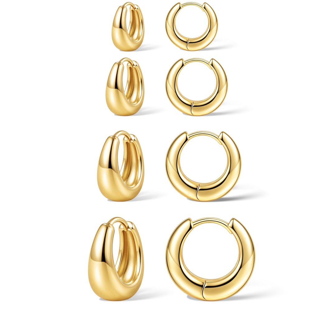5mm Thick Chunky Gold Hoop Earrings for Women Non Tarnish, 14K Gold Plated Chunky Huggie Cartilage Earring Stack, Lightweight Cute Drop Earrings Sets for Multiple Piercing Dainty Trendy Clip On Jewelry