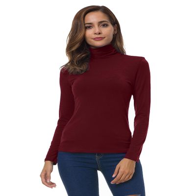 VOBCTY Women Long Sleeve Turtleneck Slim Fitted Based Layer Shirt Pullover Tops Dark Red Large