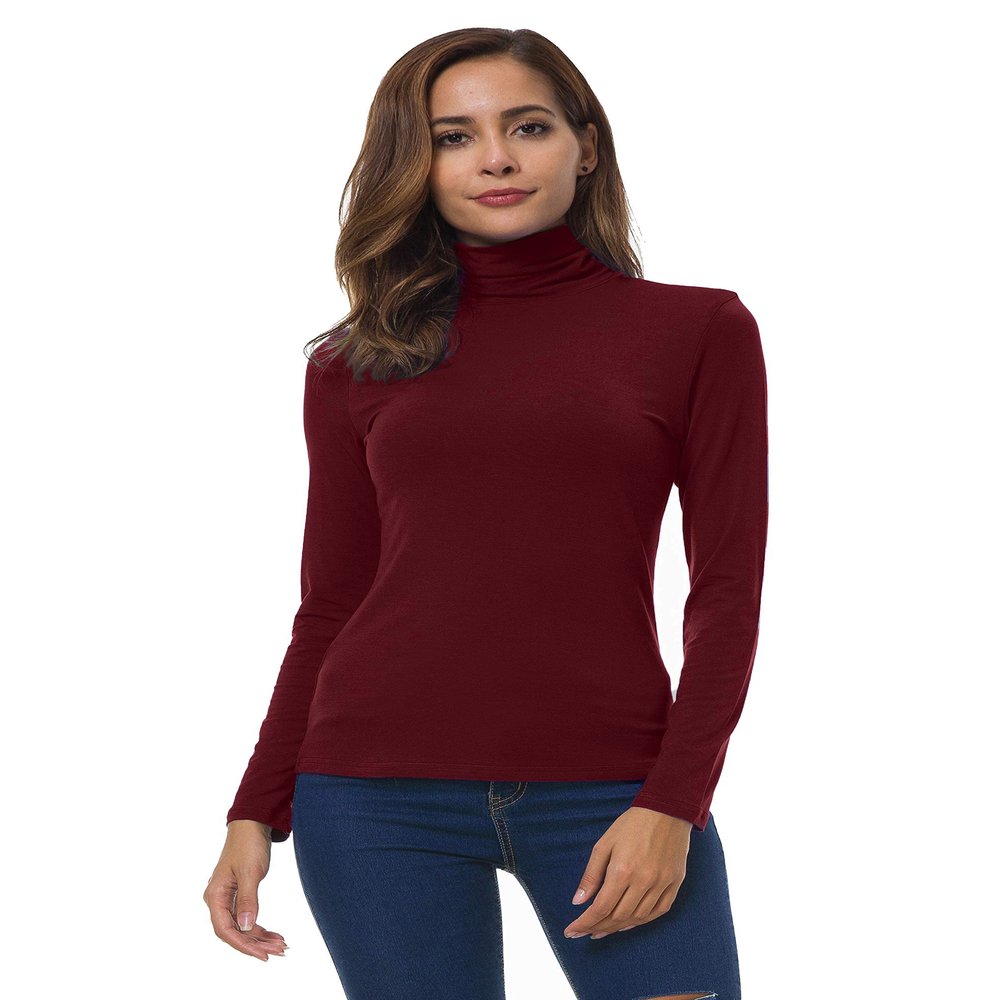 VOBCTY Women Long Sleeve Turtleneck Slim Fitted Based Layer Shirt Pullover Tops Dark Red Large