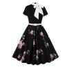 50s Style Women's Swing Dress - Vintage Short Sleeve Tie Neck black Floral Midi Dress -Church Cocktail Evening Tea Party Dress view 1