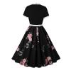 50s Style Women's Swing Dress - Vintage Short Sleeve Tie Neck black Floral Midi Dress -Church Cocktail Evening Tea Party Dress view 3