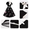 50s Style Women's Swing Dress - Vintage Short Sleeve Tie Neck black Floral Midi Dress -Church Cocktail Evening Tea Party Dress view 4