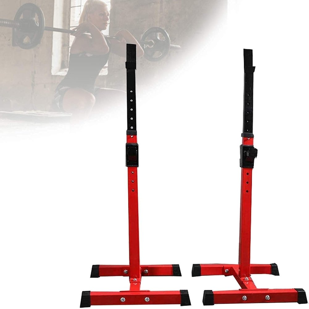 FENOKD Barbell Rack Height Adjustable, Multi-Function Weightlifting Strength Training Squat Rack, Heavy Duty Iron, Gym Equipment (Red)