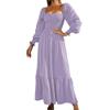 Women's Boho Square Neck Shirred Dress Ruffle Hem Long Puff Sleeve A Line Maxi Dress Chiffon Solid Beach Flowy Dress (X-Large,Purple)