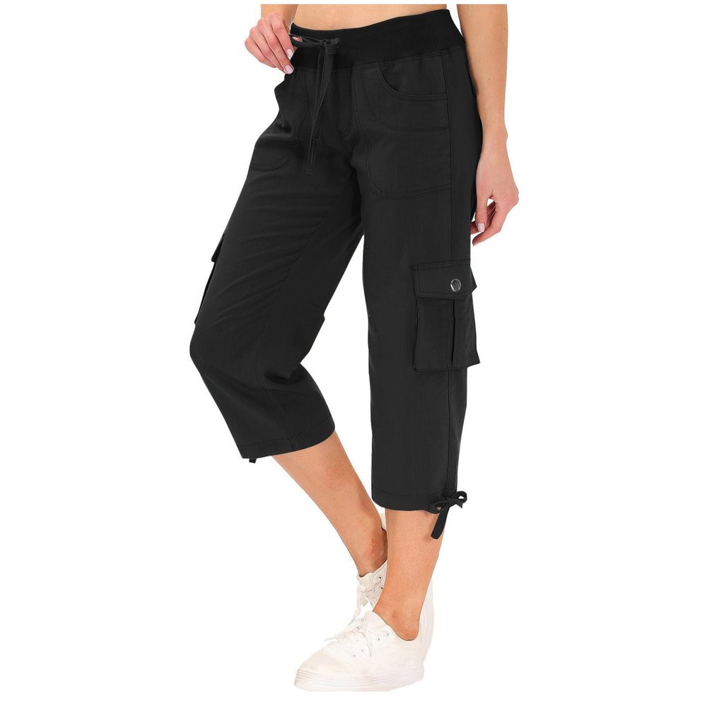 2024 Women Cargo Capris Summer Casual Drawstring Capris Pants with Pockets Wide Leg Cropped Pants Outdoor Hiking Pants