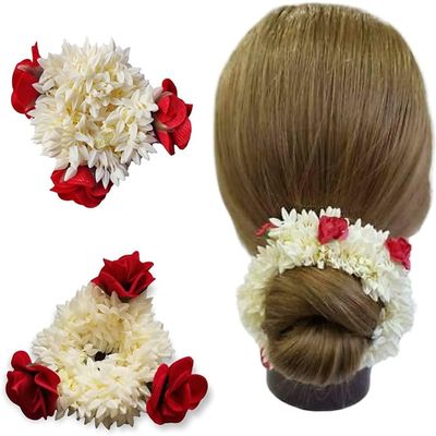 AnNafi Mogra White Gajra Rubber Band | Handmade Jasmine Bridal Hair & Hand Jewelry for Women (4, Red)