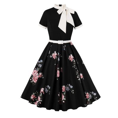 50s Style Vintage Short Sleeve Tie Neck Swing Dress for Women - 1950s Midi Retro Audrey Hepburn Church Dress for Cocktail Evening Tea Party - Black Floral M