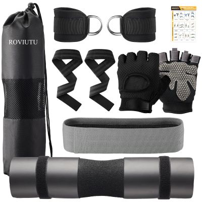 Barbell Pad Set,10 Pcs Barbell pads For Hip Thrust Squat & Lunges Support,With 2 Workout Ankle Straps, 2 Workout Gloves, 2 Gym Straps Weight Lifting, Resistance Bands,Olympic Bar Pad,Carry Bag (Black, Medium-Gloves)