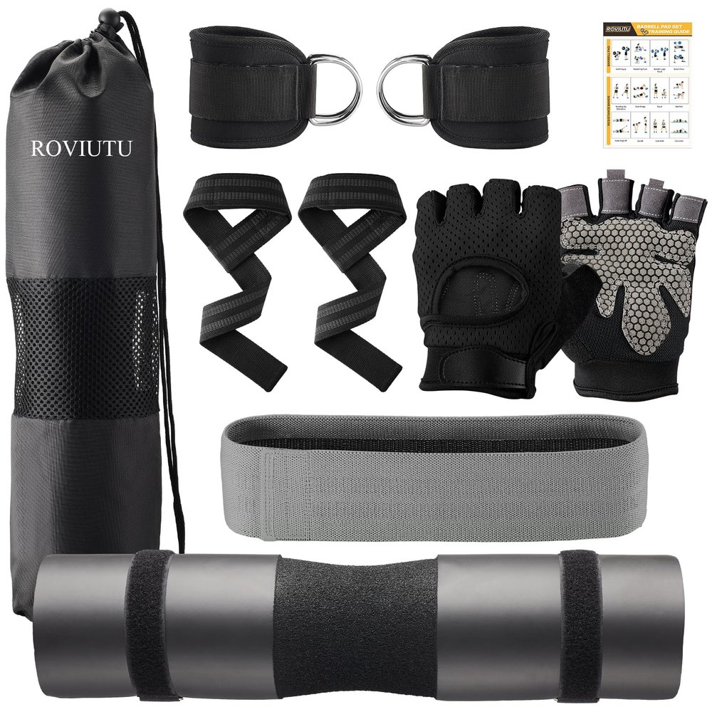 Barbell Pad Set,10 Pcs Barbell pads For Hip Thrust Squat & Lunges Support,With 2 Workout Ankle Straps, 2 Workout Gloves, 2 Gym Straps Weight Lifting, Resistance Bands,Olympic Bar Pad,Carry Bag (Black, Medium-Gloves)
