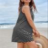 CUPSHE Women Swimsuit Coverup Waffle Knit Sleeveless Knit Summer Tank Dress for Swimwear Black White Stripe L view 2