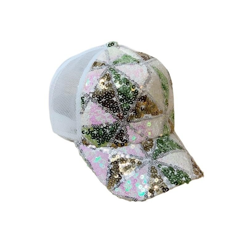 ZIIVIEVS New Spring/Summer Sky Hat Children's Leisure Korean Edition Net Hat Thin Duck Tongue Hat Sequin Baseball Hat(White)