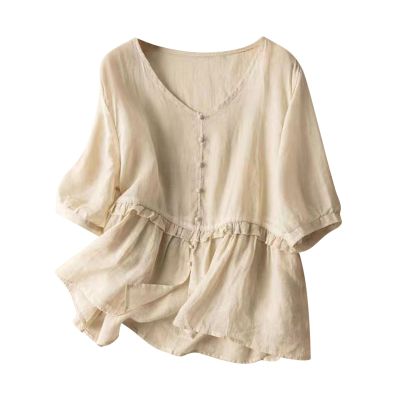 2024 Summer Women Cotton Linen Button Shirts Half Sleeve V Neck Lightweight Solid Tee Tops Loose Flowy Comfy Blouses
