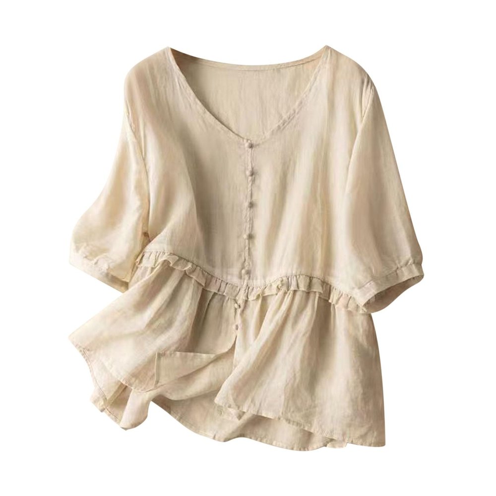 2024 Summer Women Cotton Linen Button Shirts Half Sleeve V Neck Lightweight Solid Tee Tops Loose Flowy Comfy Blouses