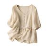 2024 Summer Women Cotton Linen Button Shirts Half Sleeve V Neck Lightweight Solid Tee Tops Loose Flowy Comfy Blouses view 1