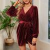 Generic Women's Velvet Dress Fall Winter Wrap V Neck Flared Cocktail Party Club Dress Long Lantern Sleeve Dresses with Belt (Large,Red) view 2