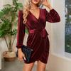 Generic Women's Velvet Dress Fall Winter Wrap V Neck Flared Cocktail Party Club Dress Long Lantern Sleeve Dresses with Belt (Large,Red) view 3
