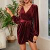 Generic Women's Velvet Dress Fall Winter Wrap V Neck Flared Cocktail Party Club Dress Long Lantern Sleeve Dresses with Belt (Large,Red) view 4