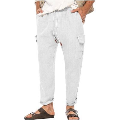 Cargo Pants for Men Slim fit Elastic Waist Tapered Pants Casual Drawstring Ankle Pants Comfy Trendy Summer Trousers White