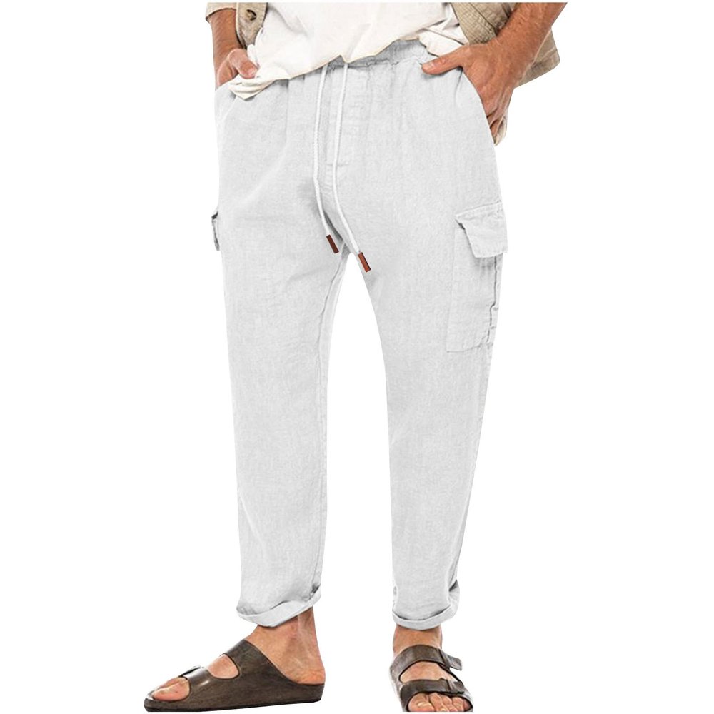 Cargo Pants for Men Slim fit Elastic Waist Tapered Pants Casual Drawstring Ankle Pants Comfy Trendy Summer Trousers White