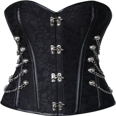 ADELCE Women's Spiral Steel Boned Steampunk Gothic Brocade Bustier Corset with Chains Plus Size Overbust Costume Black 2XL