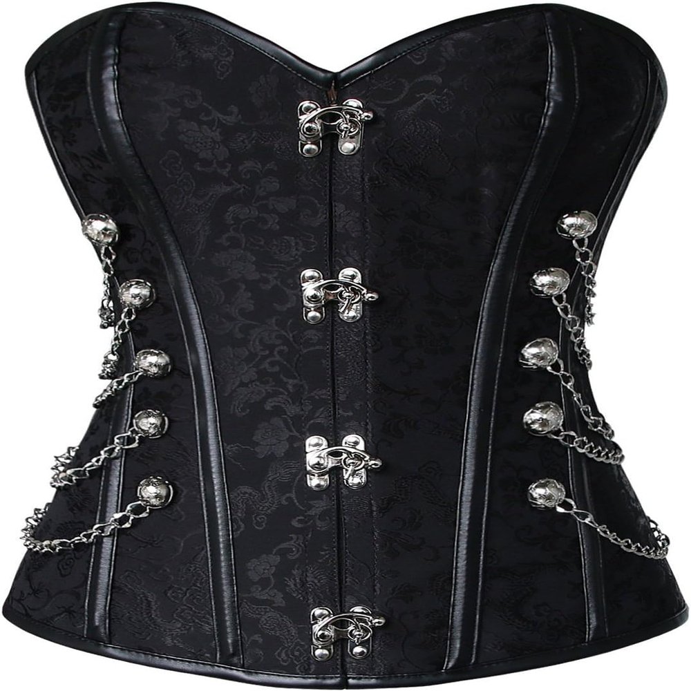ADELCE Women's Spiral Steel Boned Steampunk Gothic Brocade Bustier Corset with Chains Plus Size Overbust Costume Black 2XL