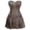 ADELCE Women's Punk Rock Faux Leather Dress Corsets Steampunk Bustier Lingeire Corset Skirt Overbust Costume Set Brown S view 1