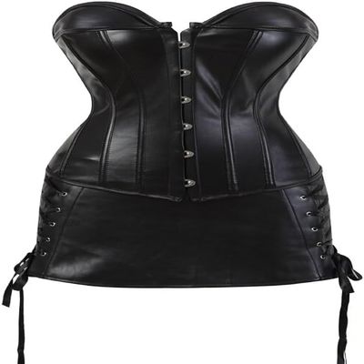 ADELCE Women's Gothic Steampunk Gothic Brocade Basque Faux Leather Corset Bustier with Skirt Overbust Costume Black 6XL