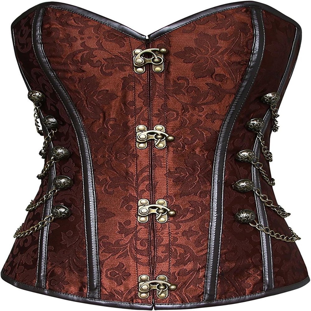 ADELCE Women's Spiral Steel Boned Steampunk Gothic Brocade Bustier Corset with Chains Plus Size Overbust Costume Brown L