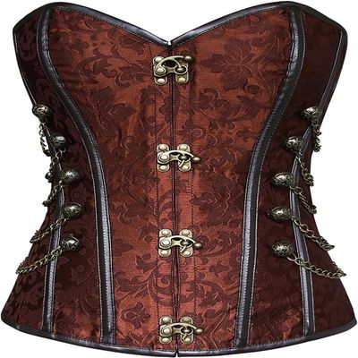 ADELCE Women's Spiral Steel Boned Steampunk Gothic Brocade Bustier Corset with Chains Plus Size Overbust Costume Brown 5XL