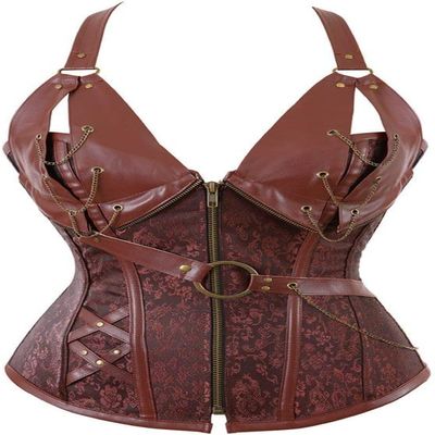 ADELCE Women 14 Steel Bone Steampunk Faux Leather Retro Steel Boned Corset Waist Cincher Bustier Shapewear Brown L
