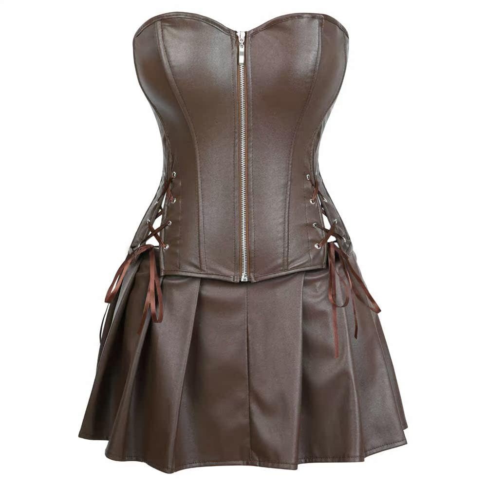 ADELCE Women's Punk Rock Faux Leather Dress Corsets Steampunk Bustier Lingeire Corset Skirt Overbust Costume Set Brown 2XL