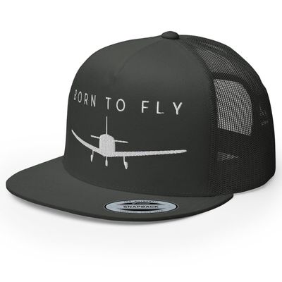 RIVEMUG NG Born to Fly Flat Bill Embroidered Trucker Hat High Crown Adjustable Airplane Pilot Cap Charcoal
