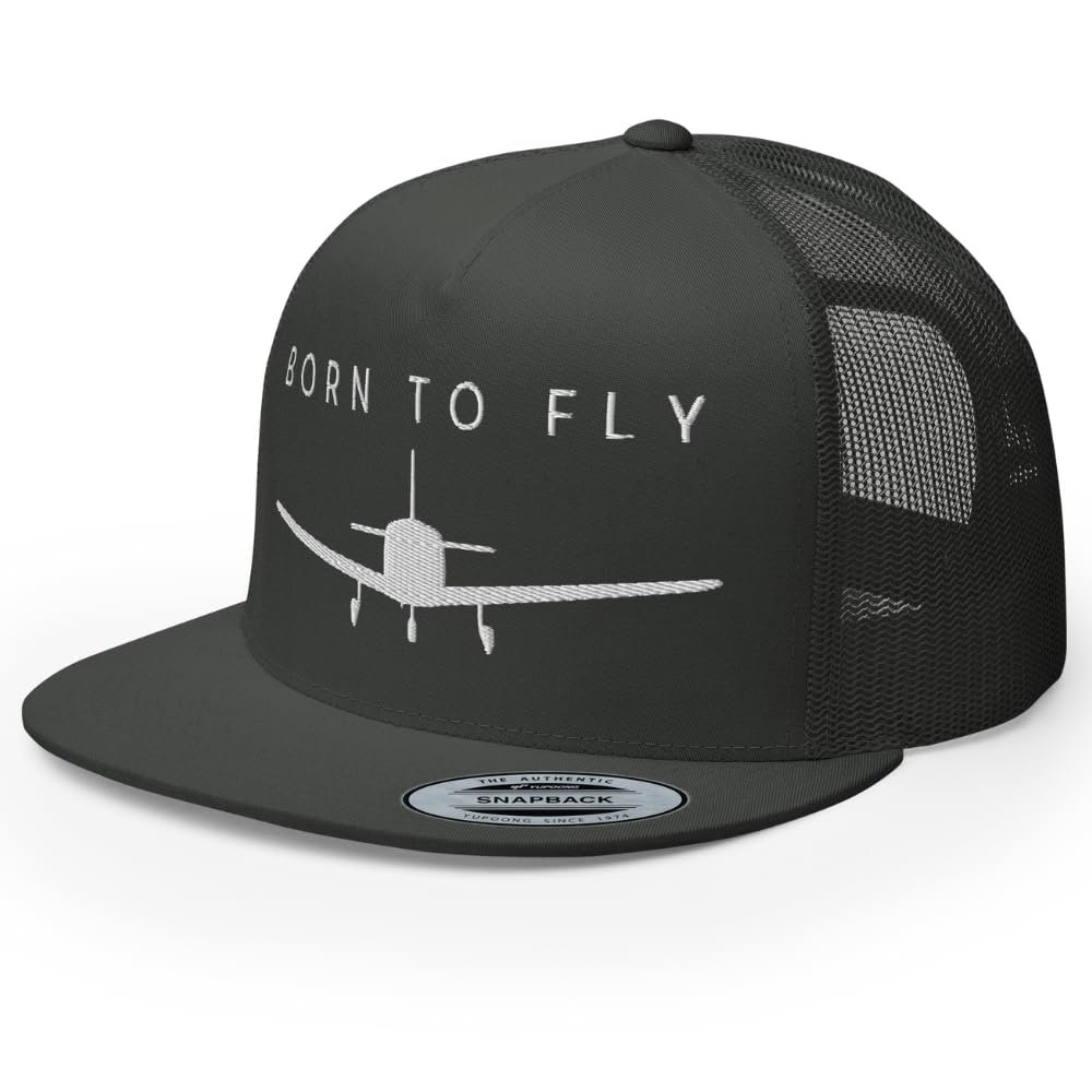 RIVEMUG NG Born to Fly Flat Bill Embroidered Trucker Hat High Crown Adjustable Airplane Pilot Cap Charcoal