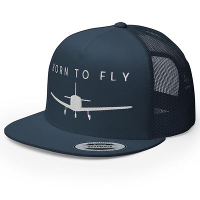 RIVEMUG NG Born to Fly Flat Bill Embroidered Trucker Hat High Crown Adjustable Airplane Pilot Cap Navy