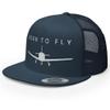 RIVEMUG NG Born to Fly Flat Bill Embroidered Trucker Hat High Crown Adjustable Airplane Pilot Cap Navy view 1