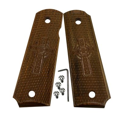 1911 Grips Checker Wood Full Size with Screws and Wrench Celtic Cross fits Springfield Colt Rock