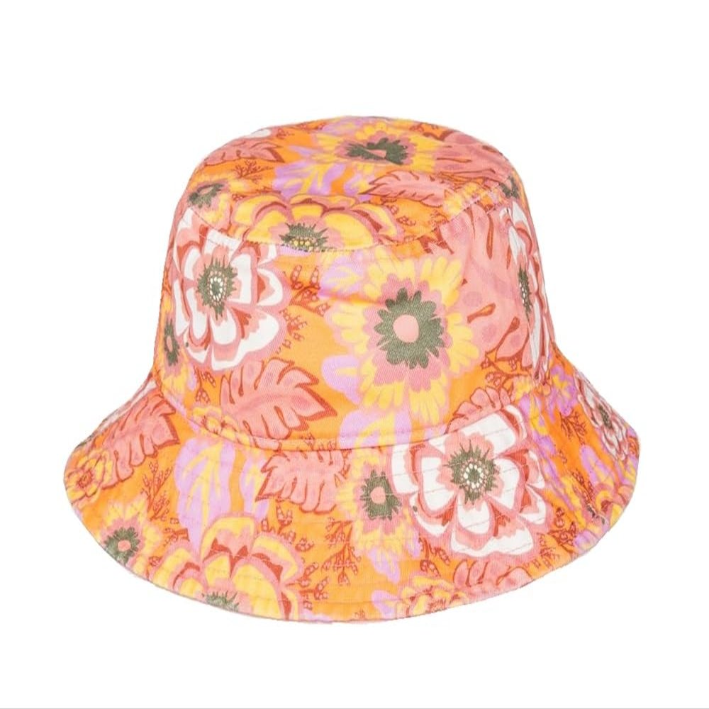 Roxy Girl's Tiny Honey Bucket Hat - Floral Print, Wide Brim, Soft Cotton, Sun Protection, Papaya Wild Flower