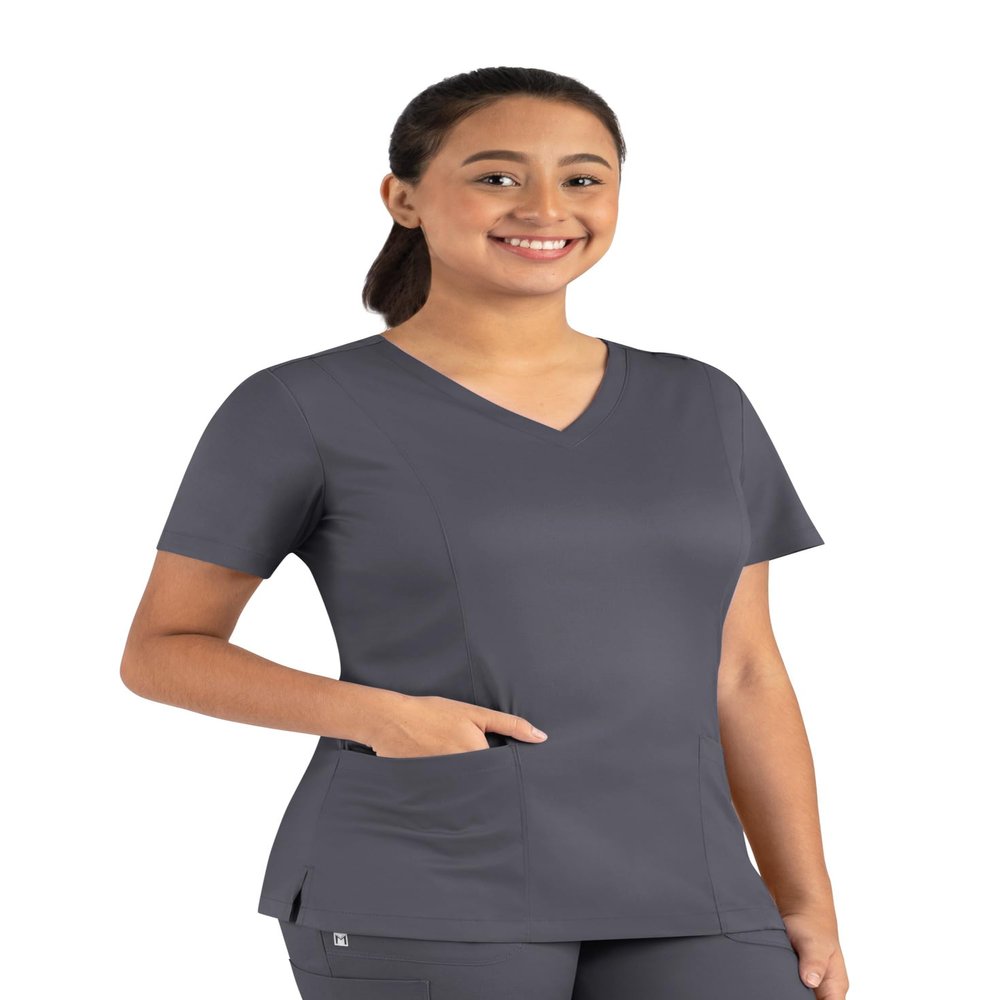 Maevn Matrix Womens Modern Fit Double V-Neck Medical Nurse Scrub Top, 3 Pockets, Inner Utility Loop, Bungee Loop Pewter
