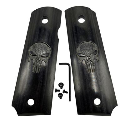 1911 Grips Classic Wood Full Size W/Screws & Torx Punisher Skull 1911 Sets-Black