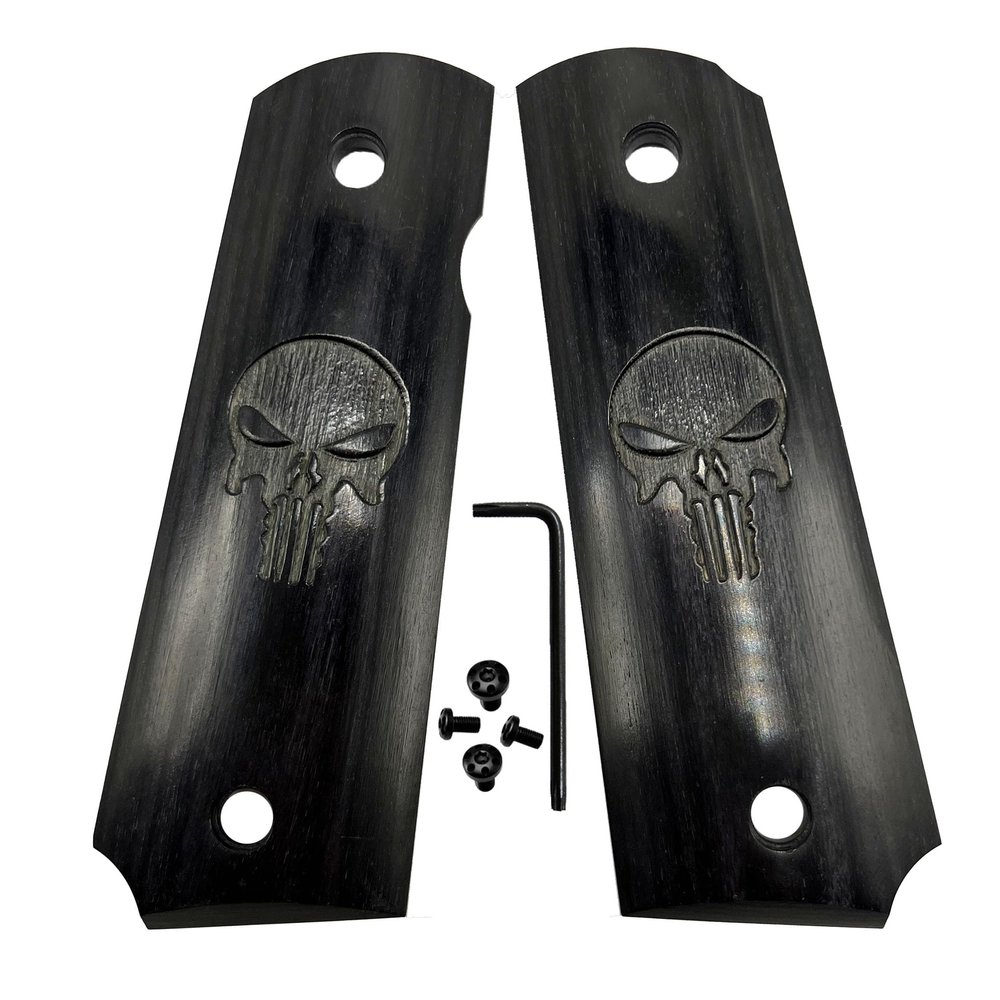 1911 Grips Classic Wood Full Size W/Screws & Torx Punisher Skull 1911 Sets-Black