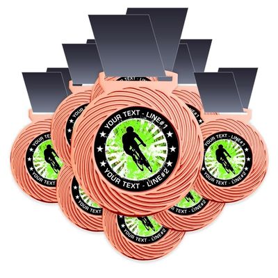 10 Pack Cycling Award Medal, Customizable, Specify YOUR CUSTOM TEXT cycling / bicycle medallion. Large 3-1/8W x 3-1/2H Quality medal made from heavy metal alloys. Printed, packaged in USA
