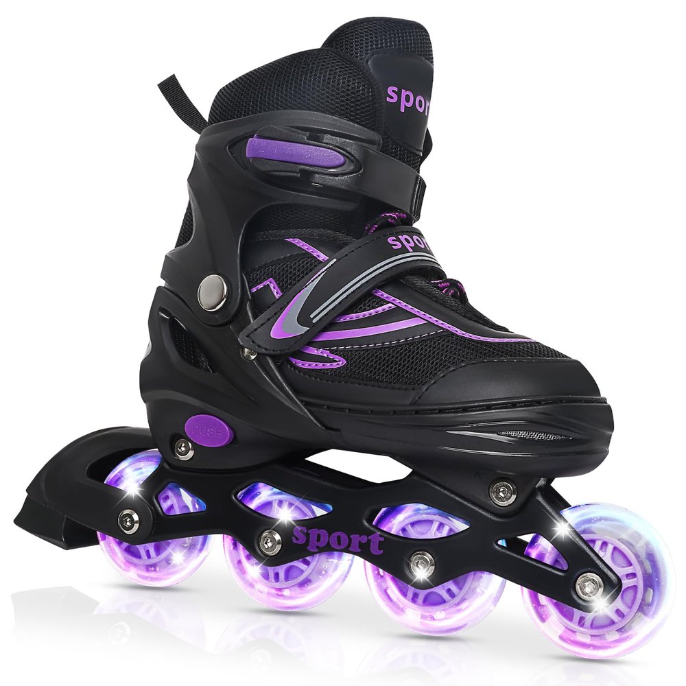 Kids Inline Skates for Girls Ages 6-12, Adjustable 4 Size Blades Roller Kids Skates for Girls and Boys, Youth and Teens, Beginner with Full Wheels Illuminating (Black&Purple, Large Size)