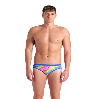 ARENA Performance Men's Let It Beat Collection Swim Briefs MaxLife Swimsuit Athletic Pool Training Competitive Bathing Suit, Royal/White Multi, US Size 28