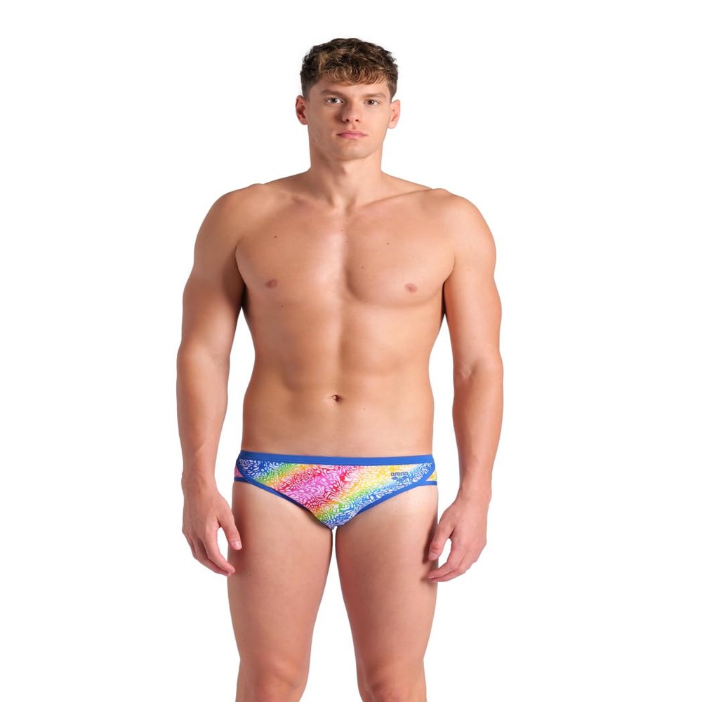 ARENA Performance Men's Let It Beat Collection Swim Briefs MaxLife Swimsuit Athletic Pool Training Competitive Bathing Suit, Royal/White Multi, US Size 28
