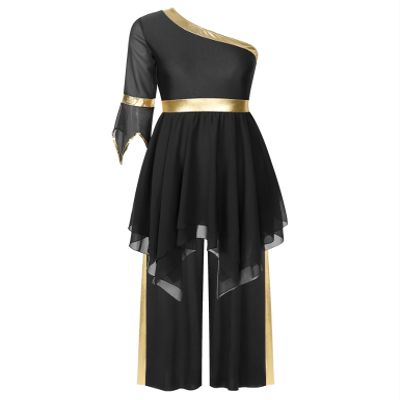 Jowowha Womens Worship Dance Single Flared Sleeve Praise Lyrical Dress with Wide-Leg Pants Liturgical Dance 2PCS Outfit Black Medium