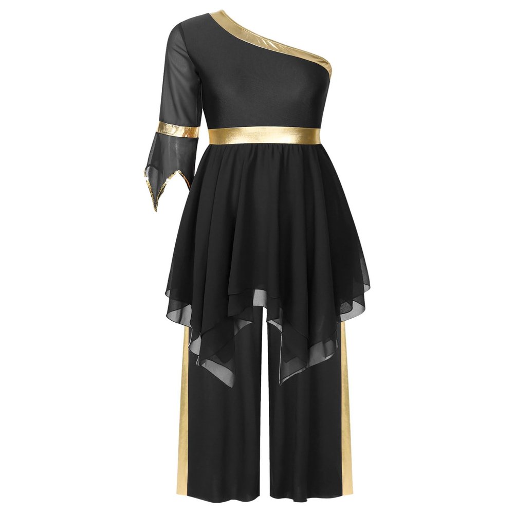 Jowowha Womens Worship Dance Single Flared Sleeve Praise Lyrical Dress with Wide-Leg Pants Liturgical Dance 2PCS Outfit Black Medium