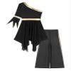 Jowowha Womens Worship Dance Single Flared Sleeve Praise Lyrical Dress with Wide-Leg Pants Liturgical Dance 2PCS Outfit Black Medium view 3