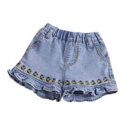 NineFit Basics Toddler Baby Girls Embroidered Flower Ruffle Denim Shorts Fashion Elastic Waist Jean Shorts Summer (Blue, 12-18 Months)