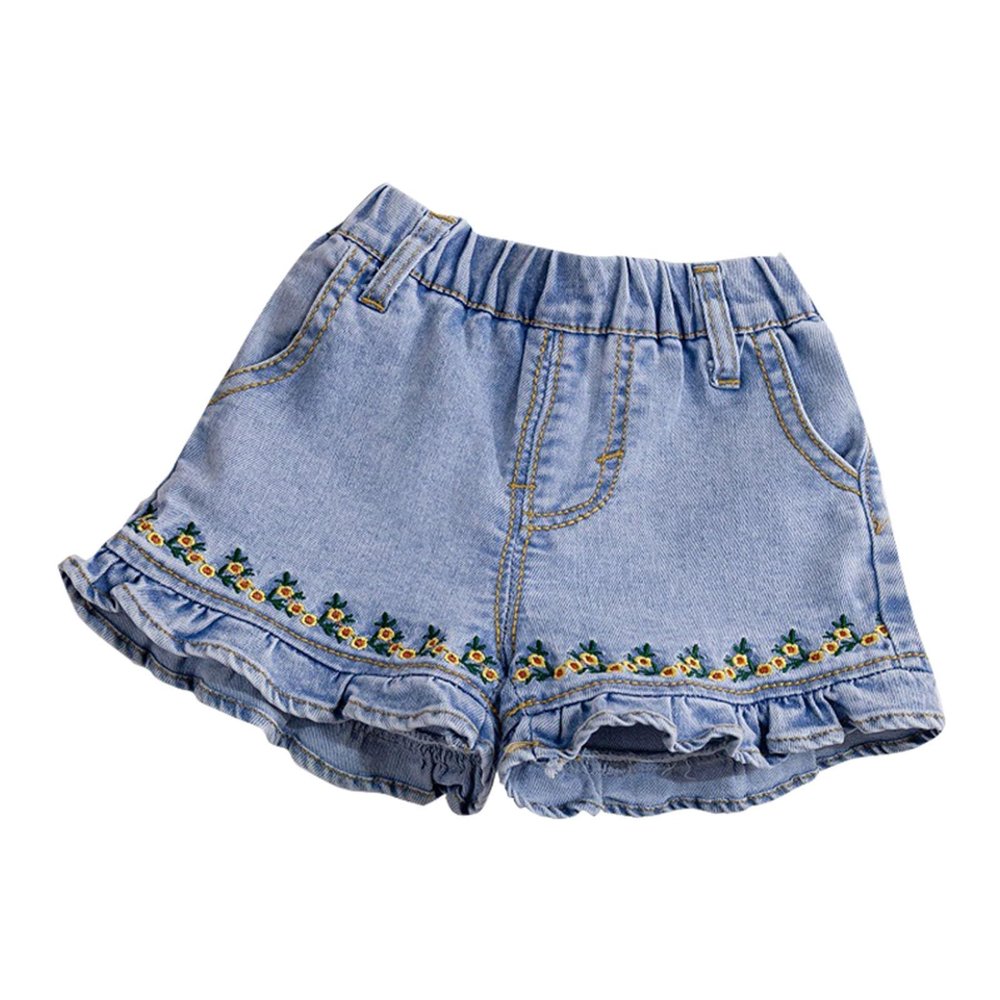 NineFit Basics Toddler Baby Girls Embroidered Flower Ruffle Denim Shorts Fashion Elastic Waist Jean Shorts Summer (Blue, 12-18 Months)