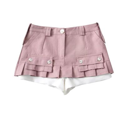 Womens Cargo Skirt Low Waist Y2K Short Denim Jean Mini Pleated Skirt Fashion Summer Hot Button Cargo Skirt with Pocket